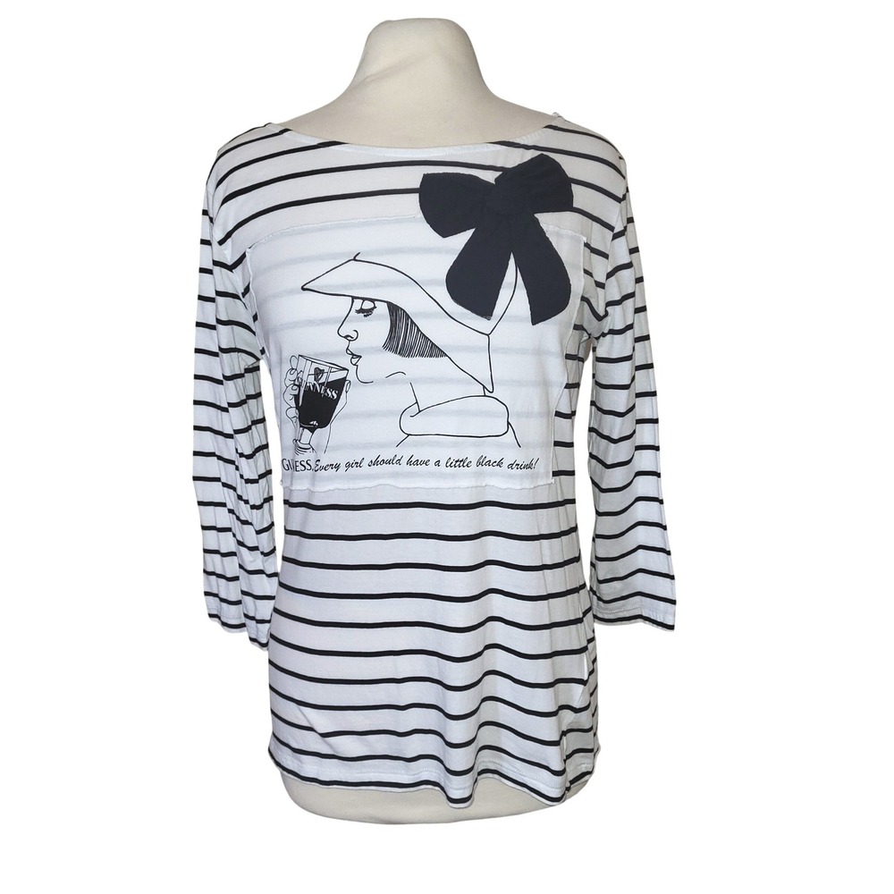 Guinness Black White Striped 3/4 Sleeve Graphic Irish Beer Boatneck Tee Shirt XL